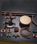 UMJIGF 8 Inch Rose Gold Shower System with Cold and Hot Water Shower Combo Set Multifunction Single Handle Shower Faucet Set with Handheld Shower, Top Fall Shower Head, Swivel B components arranged on a black surface.