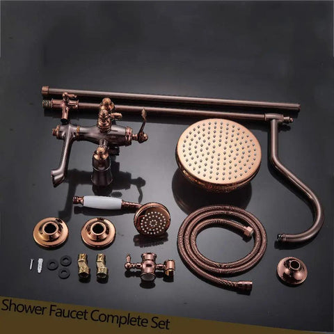 UMJIGF 8 Inch Rose Gold Shower System with Cold and Hot Water Shower Combo Set Multifunction Single Handle Shower Faucet Set with Handheld Shower, Top Fall Shower Head, Swivel B components arranged on a black surface.