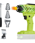 Cordless 18V Heat Gun With 350W Power, LED Light, Quick Heat In Seconds, Variable Temperature 120 To 122°F, Includes 4 Nozzles And Scraper, Low Voltage Protection, Great For Crafts And DIY Projects Battery Not Included. Green cordless heat gun with four metal nozzles and scraper