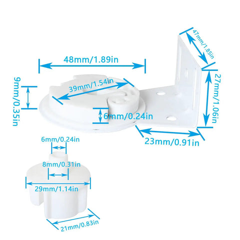 Top Tier Roller Shade Repair Kit Featuring Built Tough Metal Brackets And Smooth Pull Cord Chains For Plug And Play Installation And Serious Window Treatment Upgrades In Classic White with dimensions indicated.
