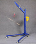 Heavy Duty Manual Crane Workhorse With Swivel Caster Wheels And Self Locking Winch Hand Cranked Folding Lift Jack For Engine Swaps, blue hoist with adjustable arm.