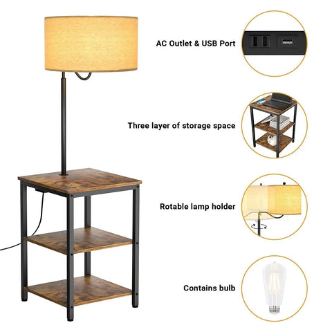 Industrial Floor Lamp With End Table And USB Port Charging Station Power Outlet Built In Rustic Nightstand With Shelves Versatile Bedside Table