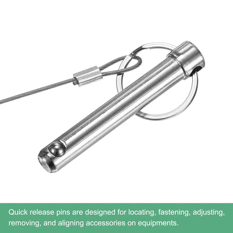Stainless steel quick release pin with lanyard, part of Four Pack Quick Release Pins 10mm Diameter 51mm Length 60mm With Lanyard Screw For Bimini Top And More, Multi Purpose Pin Set For Marine Boats Auto Projects Woodworking Machinery Exercise Machines And Cabinetry.