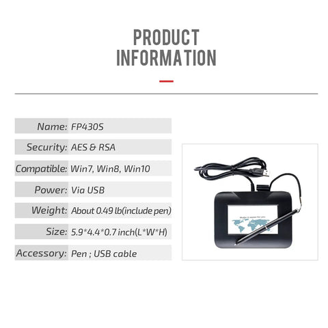 Plug And Play Digital Signature Pad With Bright Four Point Three Inch Backlit Touchscreen showing product information and USB connection.