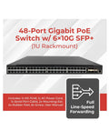 Front view of 48 Port Gigabit PoE Switch With Six 10G SFP Plus Uplinks, 1U Rack Mount, Web Based Management, highlighted features.