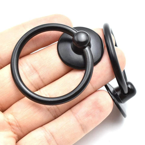 Black Ring Drawer Pull Handles 2 Pack Single Hole Metal Drop Ring Knobs for Cabinets Dresser and Doors with Mounting Screws