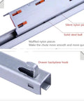 Close-up of 10 inch full-extension drawer slides showing nylon pieces, solid steel ball, and backplane hook for quiet, smooth pull out