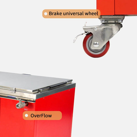 Industrial 81 Gallon Ultrasonic Cleaner Workhorse Rig With Digital Heater And Timer Triple Phase Power showing brake universal wheel and overflow.