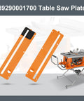 Table Saw Throat Plate Replacement For Ridgid R4513 89290001700 Part with orange design next to a saw setup