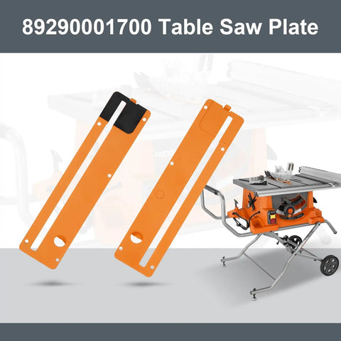 Table Saw Throat Plate Replacement For Ridgid R4513 89290001700 Part with orange design next to a saw setup