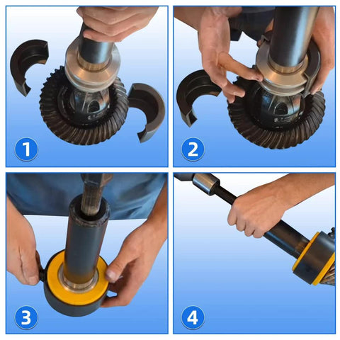 Bestool carrier and pinion bearing puller front view with jaws around a bearing.
Bestool bearing puller side view with hand operating the central shaft around a bearing housing.
Bestool puller close-up showing yellow ring on the tool head.
Bestool bearing puller installed with long handle attached for extraction.