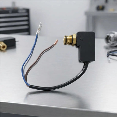 Premium Pressure Washer Switch Assembly Replacement With Pre-Stripped Wires And Durable Brass Threaded Connector In Compact Rectangular Housing, black housing, blue and brown wires.