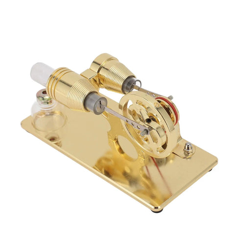 LED Powered Stirling Engine Model With Flywheel Light Up Demonstration For Science Projects Power Generator Educational Toy For Kids And Adults Aluminum Alloy Glass Gold Finish on gold base
