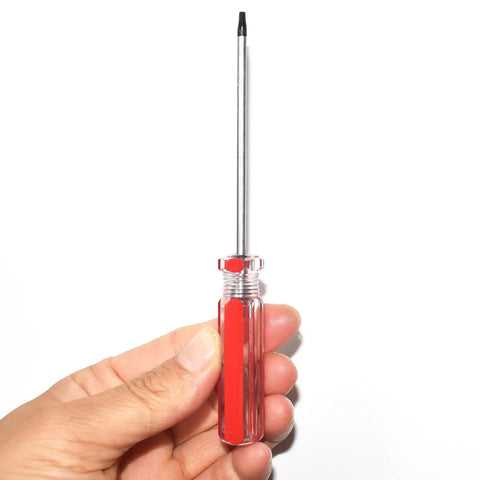 Kick Butt T9 Torx Security Screwdriver Two Pack Set With Snap Tight Magnetic Bit and Contoured Grip Handle held in hand.