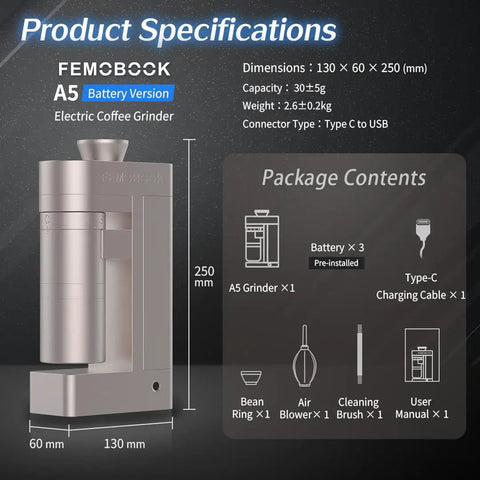 A5 Cordless Electric Burr Coffee Grinder With Zero Trouble Rechargeable Battery And 53Mm Stainless Steel Conical Burrs For Silky Smooth Grinds In Sharp Champagne Gold Shine specifications detail image.
