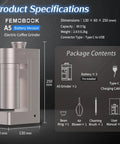 Cordless Battery Powered Electric Burr Coffee Grinder With 53mm Stainless Steel Conical Burrs, detailed product specifications.