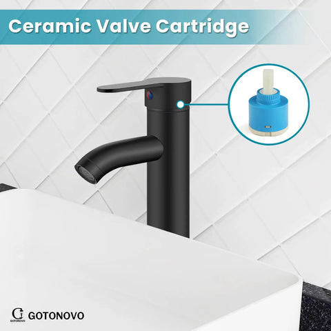 Vessel Sink Faucet Sleek Matte Black One Hole Deck Mount Lavatory Mixer Tap With Water Supply Hoses And ABS Pop Up Drain No Overflow Single Handle Vanity Faucet For Stylish Bathroom shown with ceramic valve cartridge detail