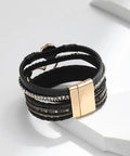 Killer Boho Western Leather Wrap Bracelet For Women With Layered Cuff Strands Heart Stone Charm Stylish Party Date Night Jewelry That Slays Every Day With Fresh Dope Vibes in black leather with gold clasp.