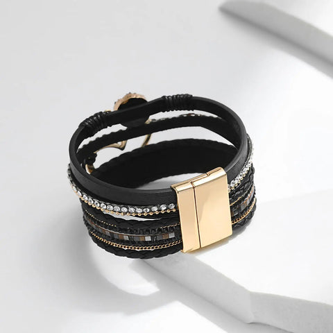 Killer Boho Western Leather Wrap Bracelet For Women With Layered Cuff Strands Heart Stone Charm Stylish Party Date Night Jewelry That Slays Every Day With Fresh Dope Vibes in black leather with gold clasp.