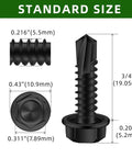 Detailed dimensions of Number Twelve X Three Quarter Inch Hex Washer Head Self Drilling Screws Black Coated 410 Stainless Steel.