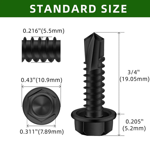 Detailed dimensions of Number Twelve X Three Quarter Inch Hex Washer Head Self Drilling Screws Black Coated 410 Stainless Steel.