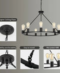 Black Wagon Wheel Chandelier Total Showstopper Lighting Fixtures with 9 bulbs and matte black finish for dining room or kitchen.