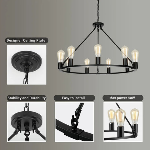 Black Wagon Wheel Chandelier Total Showstopper Lighting Fixtures with 9 bulbs and matte black finish for dining room or kitchen.