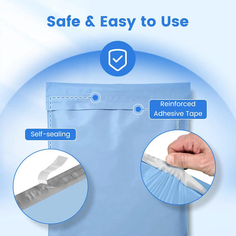 Close-up of blue Poly Mailers 10x13 Inches 50 Pack Self Seal Shipping Envelopes, showing self-seal adhesive and tear-resistant features.