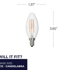 10-Pack Clear B11 LED Filament Bulb 5W E12 Candelabra Base 2700K Warm White 500 Lumens dimensions and E12 fit illustration
