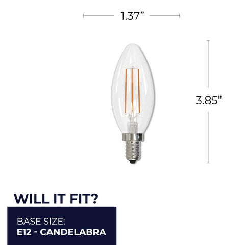 10-Pack Clear B11 LED Filament Bulb 5W E12 Candelabra Base 2700K Warm White 500 Lumens dimensions and E12 fit illustration