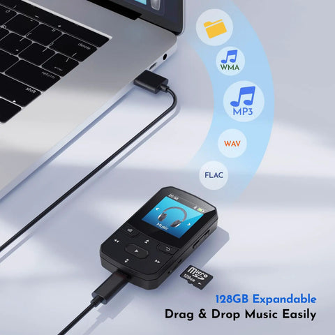 64GB Clip On MP3 Player With Bluetooth 5.3 Auto Reconnect For Running And Gym Workouts connected to laptop via USB cable
