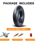 Package includes 13x5.00-6 Inner Tube With Bent Valve Stem For Razor Dirt Quads, with valve tool, spare cores, and caps.