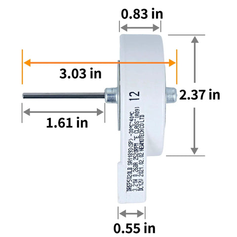 Side view of OEM Evaporator Fan Motor For Refrigerator Replacement DREP5020LB with dimensions and specifications visible.