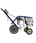 Yokoma Hand Push Sand Belt Machine For Weld Grinding, side view showing durable wheels and pneumatic tension control.