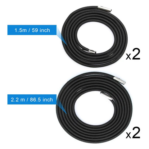Heavy Duty Replacement Elastic Cords For Zero Gravity Chairs 4 Pack Universal Black Rubber Bungee Straps 59 86 Inch shown in two lengths.