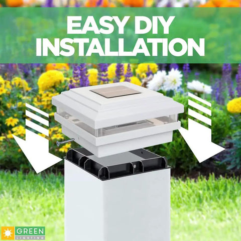 Dual Solar Post Lights For 4x4 And 5x5 Posts White Outdoor Deck And Fence Post Caps with Easy Install in a garden setting
