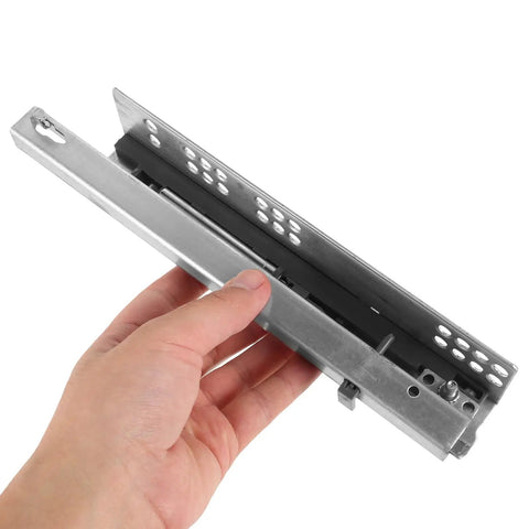 Close-up of hand holding Hidden Two Part 10 Inch Slow Closing Drawer Slides With Detachable Silent Glides No Squeak And Bottom Support