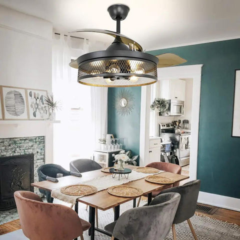 Black 42 Inch Ceiling Fan With Lights Remote Control Vintage Cage Dope Yet Silent Retractable Blades in dining room setup