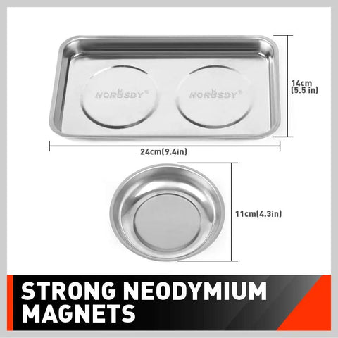Magnetic Parts Tray Set For Gearheads And Pros Stainless Steel Heavy Duty Tool Organizer with 9.5 Inch Square and 4.5 Inch Round Tray