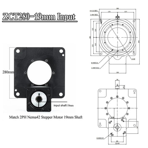 Heavy Duty Hollow Rotary Platform With Shop Grade 360 Motion And Right On 5 To 200 Ratios showing detailed dimensions and input shaft specifications.
