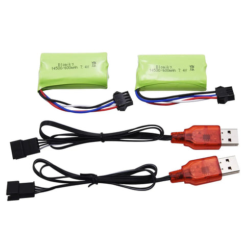 Two Pack 7.4V 2S 600mAh Li Ion Rechargeable Battery With SM-4P Plug And Charger Cable For Water Bead Blasters And DE85 RC Cars JF-71A