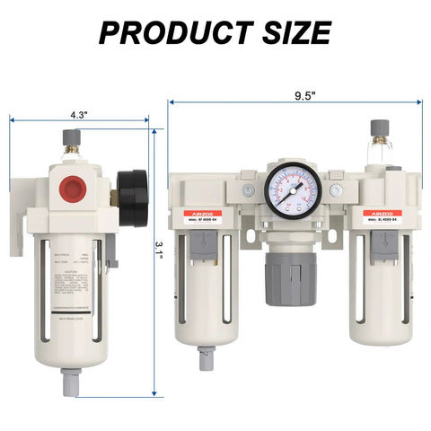 Half Inch NPT Air Compressor Filter Regulator Lubricator FRL Combo Pro Grade dimensions with water oil trap and gauge.