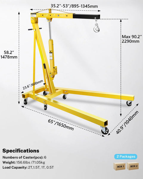 2-Ton hydraulic shop crane by Amazon with six casters and yellow steel frame