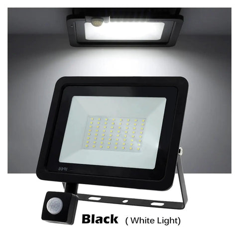 JUDYSSY Led Floodlight Pir Motion Sensor White/Warm White Ip66 Ac220 Exterior Projector Spotlight Smd2835 Outdoor Lighting Floor Lamp for Court,Garden,Warehouse，Black-W，Black-White Light with motion sensor and white light.