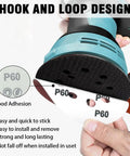 Forty Four Pack 5 Inch 8 Hole Hook And Loop Sanding Discs Red Round 60 Grit shown with random orbital sander