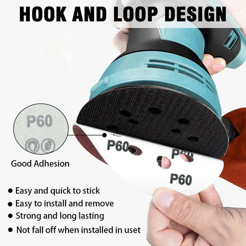 Forty Four Pack 5 Inch 8 Hole Hook And Loop Sanding Discs Red Round 60 Grit shown with random orbital sander