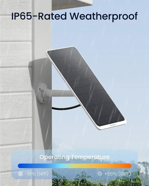 12W Solar Panel For Wireless Battery Cameras Outdoor No Fuss Power Supply Keeps Cameras Running All Day Compatible With TrackMix Argus PT Ultra Duo 2 Eco Ultra 3 Ultra Waterproof White 4 Meter Cable mounted on wall with rain.