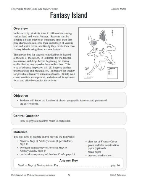 Geography Activities For Social Studies Classrooms: Fantasy Island lesson plan showing map, objectives, and materials list.