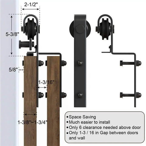 Sliding Barn Wood Double Door Hardware Kit With Black Rollers For Interior Sliding Barn Door, side view dimensions, 5Ft Rail