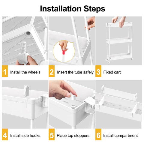 Installation steps for Compact 3 Tier Storage Cart With Rolling Utility Wheels, Slim Mobile Shelving Unit, White Finish.